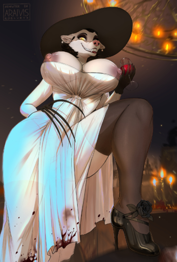 2021 absurd_res anthro araivis-edelveys areola big_areola big_breasts big_nipples blood bodily_fluids breasts canid canine capcom clothed clothing curvy_figure digital_media_(artwork) dress eyebrows eyelashes fangs female footwear hat headgear headwear hi_res high_heels huge_breasts lady_dimitrescu_(resident_evil) legwear looking_at_viewer low-angle_view mammal mature_anthro mature_female nipples resident_evil resident_evil_8 shoes smile standing stockings thick_thighs thigh_highs video_games voluptuous yellow_eyes // 2025x3000 // 6.8MB