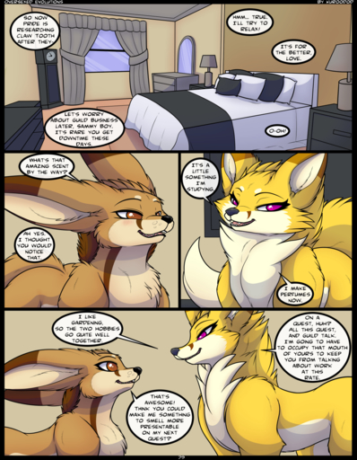 bed bedroom brown_body brown_eyes brown_fur canid canine comic english_text female fennec feral fox fur furniture hi_res inside kuroodod mammal purple_eyes sam_(changing_fates) sloth_(changing_fates) smile text vulpes yellow_body yellow_fur // 996x1280 // 912.0KB