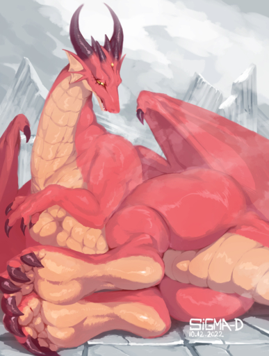 2022 4_fingers 4_toes absurd_res artist_name big_feet breasts busty_feral butt claws countershading dated digital_media_(artwork) dragon feet female feral finger_claws fingers hi_res horn kemono multicolored_body multicolored_scales non-mammal_breasts red_body red_scales reptile scales scalie semi-anthro sigma-d soles solo tan_body tan_scales toe_claws toes two_tone_body two_tone_scales wings yellow_eyes // 3400x4500 // 7.0MB