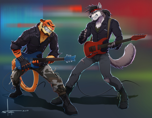 2014 anthro beard black_hair black_nose canid canine canis duo facial_hair felid guitar hair male mammal musical_instrument pantherine pink_nose playing_guitar playing_music plucked_string_instrument stoopix string_instrument tiger wolf // 1486x1154 // 1.4MB