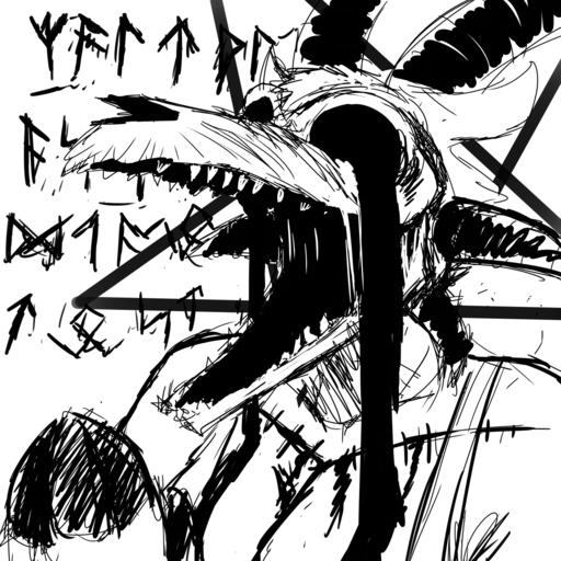 1:1 anthro baphomet_(deity) black_and_white black_eyes bovid breasts caprine caprine_demon cleavage clothed clothing deity demon female futhark goat_demon hi_res hladilnik horn lucy_(hladilnik) mammal monochrome nightmare_fuel norse_runes open_mouth praying reaction_image runes scar sharp_teeth solo teeth text y_incision // 1280x1280 // 859.9KB
