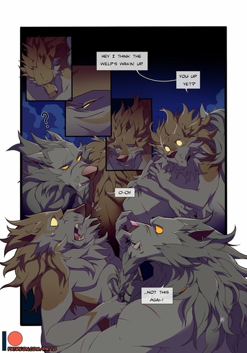 anthro brown_body brown_fur canid canine canis comic digital_media_(artwork) english_text fur grey_body grey_fur hair hi_res male mammal open_mouth patto teeth text tongue were werecanid werecanine werewolf wolf // 898x1280 // 211.5KB