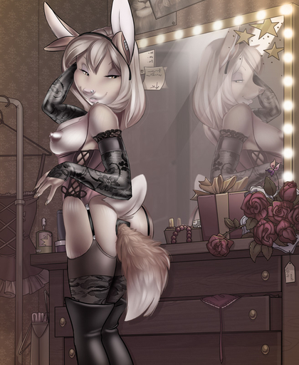 anal anthro big_breasts boots bottle bottomwear bra breasts brown_eyes bunny_vika buttplug buttplug_tail clothing corset costume desk detailed_background dresser facial_piercing fake_ears fake_fox_ears fake_tail female flower footwear fox_tail furniture gift hair inside lagomorph legwear leporid lingerie looking_at_mirror looking_at_object looking_back mammal miles_df mirror monochrome nipples nose_piercing perfume piercing pink_hair plant plug_(sex_toy) price_tag rabbit reflection rose_(flower) sepia sex_toy side_boob skirt solo star stockings topwear underwear // 656x800 // 182.5KB