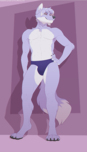 abstract_background anthro athletic athletic_anthro athletic_male bulge canid canine canis clothed clothing fur hair hand_on_hip lavender_fur lean_muscle looking_at_viewer lunalei male mammal paws simple_background smile smirk smug solo speedo standing swimwear takahiro_(wesacer) topless underwear white_body white_fur wolf // 572x1000 // 151.3KB