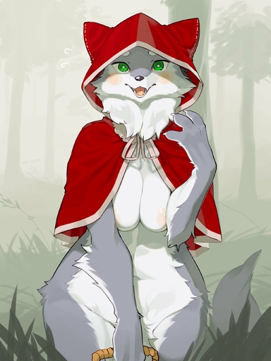 2021 absurd_res anthro areola blush breasts canid canine canis clothing female forest fur green_eyes grey_body grey_fur headgear headgear_only headwear headwear_only hi_res holding_object hood kame_3 little_red_riding_hood_(copyright) looking_at_viewer mammal mostly_nude multicolored_body multicolored_fur neck_tuft nipples outside plant solo tree tuft two_tone_body two_tone_fur white_body white_fur wolf // 2048x2732 // 322.5KB