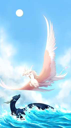 2019 absurd_res curved_horn day detailed_background digital_media_(artwork) dragon feathered_dragon feathered_wings feathers flying hair hi_res horn outside partially_submerged sky wings wrappedvi // 2952x5309 // 6.2MB