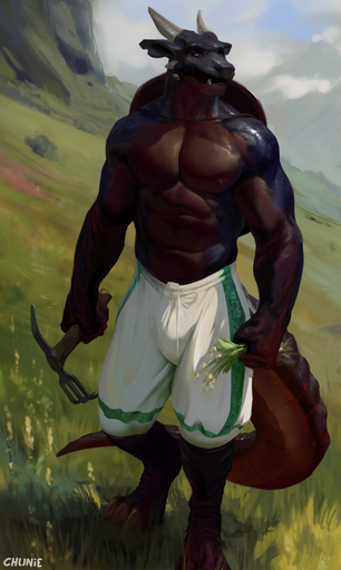 2022 anthro black_body black_scales bottomwear brown_body brown_scales chunie claws clothing detailed_background digital_media_(artwork) dragon hi_res holding_object horn looking_aside male muscular muscular_anthro muscular_male nipples outside pants pecs scales scalie shirtless solo western_dragon // 766x1280 // 417.8KB