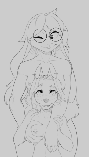 2022 aberdeen_(nukepone) absurd_res agnes_(nukepone) anthro anthro_on_anthro breasts buckteeth bull_terrier canid canine canis domestic_dog duo ear_piercing ear_ring ears_down eyewear eyewear_only female femalefemale glasses glasses_only groping_breasts groping_from_behind hare hi_res hunting_dog interspecies lagomorph larger_female leporid line_art mammal monochrome nipple_piercing nipples nude one_eye_closed piercing pivoted_ears ring_piercing size_difference smaller_female teeth terrier w4g4 // 1488x2622 // 421.3KB