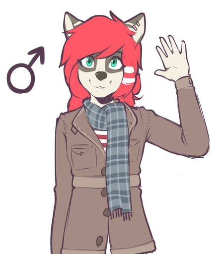 ambiguous_gender anthro canid canine canis clothed clothing digital_media_(artwork) gender_symbol girly green_eyes hair hybrid jacket male_(lore) mammal marblesoda procyonid raccoon red_hair rikki scarf simple_background solo symbol topwear wolf // 865x987 // 62.6KB