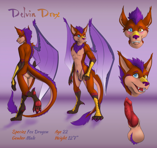 anthro blush canid canine delvin_(character) dragon english_text fangs fox fur genitals hi_res hybrid kaislair male mammal model_sheet momentai penis plates solo text wings // 1500x1414 // 1.6MB