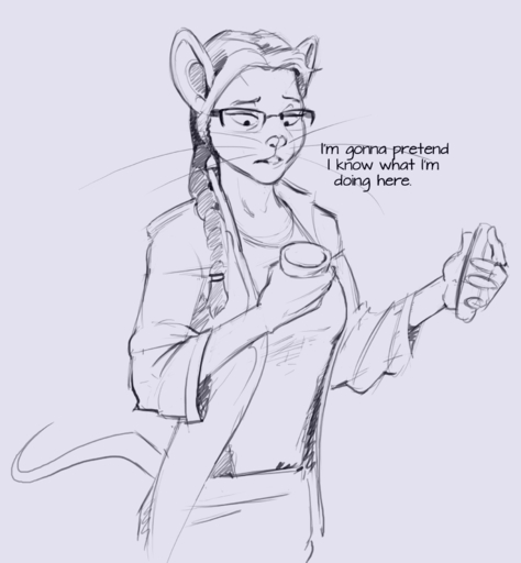 2020 anthro black_and_blue clothing dialogue english_text eyewear female glasses hair hi_res looking_down lord_magicpants mammal monochrome mouse murid murine ponytail rodent scientist shirt solo surprise text topwear whiskers // 1668x1800 // 304.2KB