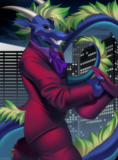 2019 anthro brown_eyes city clothed clothing detailed_background digital_media_(artwork) dragon green_hair hair hi_res horn kuroame male night outside smile solo standing teeth // 948x1280 // 1.2MB