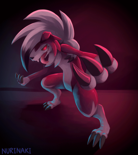 2016 2d_animation 3_fingers 3_toes ambiguous_gender animated anthro barefoot biped black_nose canid canine cheek_tuft claws facial_tuft feet fingers fur generation_7_pokemon glowing glowing_eyes hair looking_at_viewer loop lycanroc mammal midnight_lycanroc motion_tweening nude nurinaki open_mouth pokemon_(species) red_body red_eyes red_fur red_theme sharp_claws sharp_teeth short_playtime signature smile solo standing teeth toe_claws toes tongue tongue_out tuft video_games were white_hair // 623x700 // 3.9MB