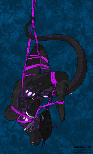 2019 5_fingers alishka anthro areola black_hair blue_background bound breasts crotchboobs digital_media_(artwork) female fingers hair hi_res kyr lizard nipples non-mammal_breasts purple_eyes pussy reptile scalie simple_background solo teats toes // 774x1280 // 1.1MB