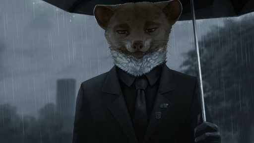 16:9 anthro black_clothing black_suit brown_body brown_fur building clothed clothing fangs fur gloves gulonine half-closed_eyes handwear holding_object ipoke lapel_pin logo looking_down male mammal marten mustelid musteline narrowed_eyes necktie outside plant raining sky solo suit tree umbrella whiskers white_body white_fur widescreen // 1280x720 // 82.2KB