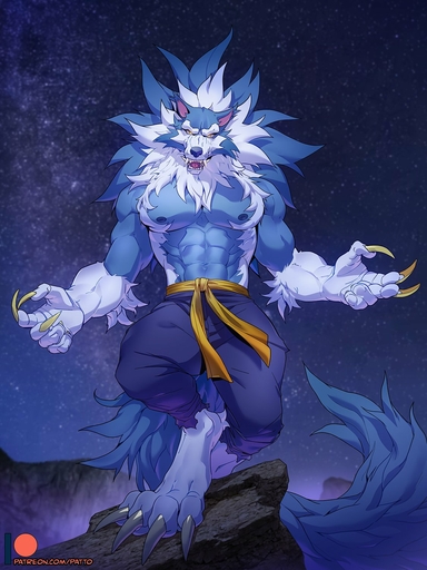 3:4 4_toes 5_fingers abs anthro areola biped blue_body blue_fur bottomwear canid canine canis claws clothed clothing fangs feet finger_claws fingers fur glowing glowing_eyes hi_res jon_talbain male mammal muscular muscular_anthro muscular_male nipples open_mouth patreon_logo patto pecs sky solo star starry_sky text toe_claws toes topless torn_bottomwear torn_clothing url video_games were werecanid werecanine werewolf white_body white_fur wolf yellow_eyes // 1125x1500 // 245.6KB
