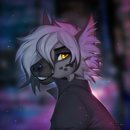 2021 ambiguous_gender anthro black_nose blurred_background bust_portrait clothed clothing digital_media_(artwork) f-r95 fur grey_body grey_fur grey_hair hair hi_res hyaenid looking_at_viewer mammal night outside portrait side_view smile solo tuli_(thehyperblast) yellow_eyes // 1279x1280 // 195.6KB