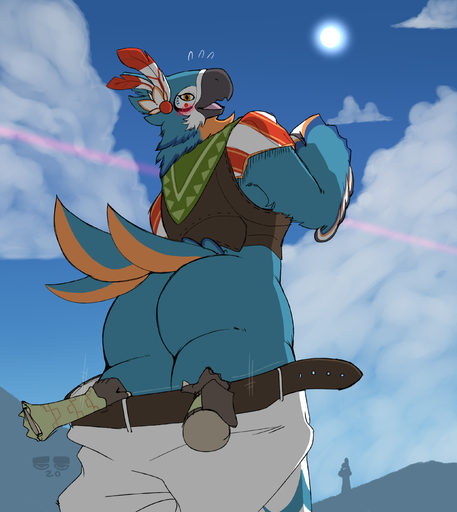 absurd_res anthro assisted_exposure avian big_butt blue_body blue_feathers blush bodily_fluids breath_of_the_wild butt clothed clothing cloud disembodied_hand feathers hi_res kass_(tloz) looking_at_viewer male nintendo pants_down pantsing partially_clothed rito securipun sky sun surprise sweat the_legend_of_zelda thick_thighs video_games // 2500x2800 // 2.2MB