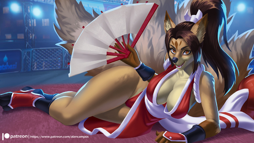 16:9 2019 5_fingers alanscampos alternate_species amber_eyes anthro breasts brown_hair canid canine cleavage clothed clothing digital_media_(artwork) female fingers folding_fan fox furrification hair hi_res holding_object long_hair looking_at_viewer lying mai_shiranui mammal multi_tail on_side ponytail solo text url // 2000x1125 // 1.1MB
