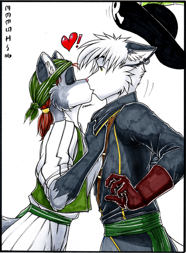 2006 <3 anthro canid canine digital_media_(artwork) duo ear_piercing ear_ring female kissing male malefemale mammal marker_(artwork) meesh piercing pirate romantic_couple simple_background traditional_media_(artwork) // 600x816 // 451.1KB