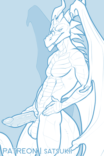 2:3 anthro athletic athletic_anthro athletic_male balls blue_and_white digital_media_(artwork) dragon erection genitals hi_res looking_at_viewer male monochrome penis presenting satsukii sketch solo // 800x1200 // 317.0KB