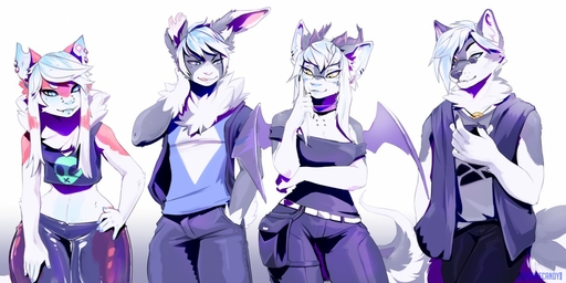 anthro canid canine clothed clothing female group grungecandy horn hybrid lagomorph leporid looking_at_viewer male mammal rabbit smile wide_hips wings // 1280x639 // 173.4KB