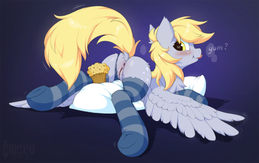 2018 <3 <3_eyes anus blep blonde_hair blush bottomwear butt clothing clothing_aside cutie_mark derpy_hooves_(mlp) digital_media_(artwork) dock equid equine feathered_wings feathers female feral food footwear genitals hair hioshiru horse humanoid_genitalia humanoid_pussy humanoid_pussy_on_feral legwear lying mammal muffin on_front panties panties_aside pattern_bottomwear pattern_clothing pattern_legwear pattern_panties pattern_underwear pegasus pillow pussy socks solo spread_wings striped_bottomwear striped_clothing striped_legwear striped_panties striped_underwear stripes tongue tongue_out underwear underwear_aside wings yellow_eyes // 1280x807 // 630.4KB