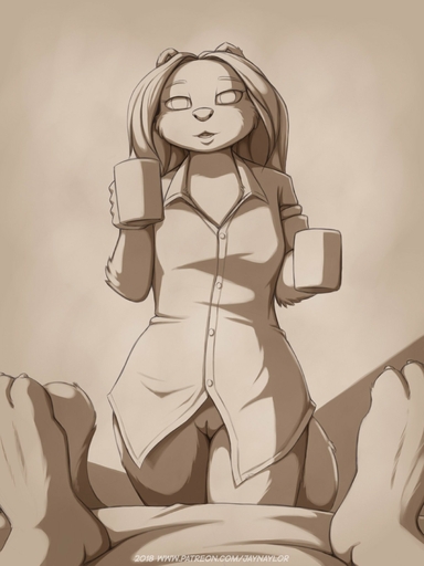 2018 ambiguous_gender anthro bottomless brooke_reed clothed clothing conditional_dnp cup duo eyelashes faceless_ambiguous faceless_character female fur genitals hair hi_res holding_cup holding_object jay_naylor mammal monochrome open_mouth procyonid pussy raccoon shirt solo_focus text topwear url // 1349x1800 // 153.8KB