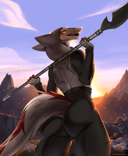 anthro bulge butt clothed clothing hi_res hoodie looking_back male melee_weapon outside piratefoxbox polearm sergal smile solo spear standing topwear weapon // 1051x1280 // 1.0MB