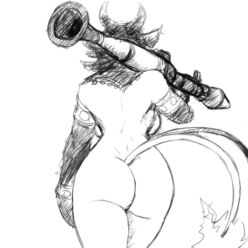 1:1 2_tails anthro armwear bare_shoulders black_and_white bovid breasts butt caprine caprine_demon clothing demon elbow_gloves female gloves goat handwear hi_res hladilnik horn low-angle_view mammal midriff monochrome multi_tail ranged_weapon rear_view rocket_launcher rpg-7 shay_(hladilnik) side_boob simple_background sketch solo walking weapon // 1280x1280 // 538.7KB