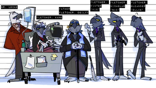 2017 anthro avian bed bird black_tie_(suit) blue_body blue_feathers cane chart clothed clothing english_text eyewear feathers fully_clothed furniture glasses green_sclera grey_body grey_feathers height_chart hi_res hospital_bed lineup machete melee_weapon pixylbyte suit text weapon white_body white_feathers // 2328x1315 // 1.7MB