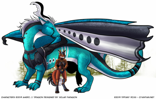 2019 anthro black_hair black_nose brown_eyes canid canine dragon duo english_text female green_eyes hair mammal membrane_(anatomy) membranous_wings text tiffany_ross url white_hair wings // 1000x640 // 640KB