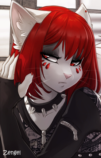 2015 anthro claws clothed clothing collar digital_media_(artwork) domestic_cat ear_piercing eyelashes eyeshadow felid feline felis female fur hair hi_res inner_ear_fluff inside iskra jewelry looking_at_viewer makeup mammal piercing pink_nose red_eyes red_hair seelena_zorn_(iskra) shaded solo spiked_collar spikes tuft whiskers white_body white_fur window zipper // 933x1450 // 1.2MB