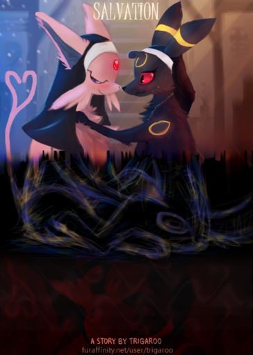 comic cover cover_art cover_page duo eeveelution espeon eye_contact female feral habit looking_at_another nintendo nun pokemon pokemon_(species) purple_eyes red_eyes text trigaroo umbreon url video_games // 640x900 // 705.1KB