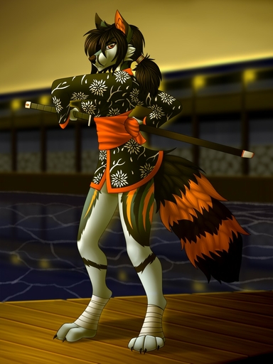 2018 3:4 4_toes amber_eyes anthro barefoot biped black_hair canid canine detailed_background digital_media_(artwork) digitigrade feet female hair hi_res holding_object holding_sword holding_weapon mammal melee_weapon orange_eyes solo sword tales_foxdale toes weapon // 960x1280 // 184.4KB