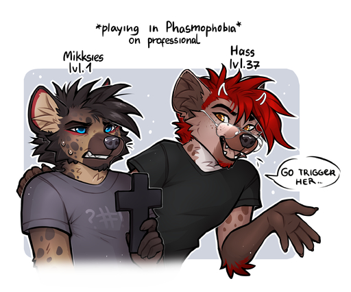 2021 5_fingers anthro black_hair blue_eyes digital_media_(artwork) eyebrows eyelashes eyewear f-r95 fingers glasses hair hi_res hyaenid mammal open_mouth red_hair smile spotted_hyena teeth tongue // 2488x2068 // 1.9MB