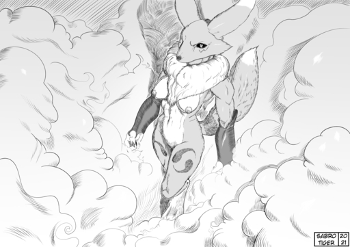 2021 anthro breasts canid casual_exposure claws clothing digimon_(species) female fingerless_gloves gloves gloves_only greyscale handwear handwear_only high-angle_view looking_at_viewer mammal monochrome mostly_nude neck_tuft nipples renamon sabrotiger solo standing tuft // 1530x1080 // 378.4KB