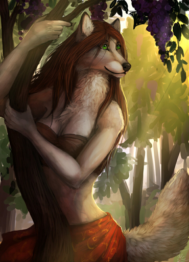 5_fingers anthro araivis-edelveys black_lips black_nose brown_hair canid canine canis clothed clothing day detailed_background female fingers food fruit fur grape green_eyes grey_body grey_fur hair lips mammal outside plant smile solo wolf // 722x1000 // 381.1KB