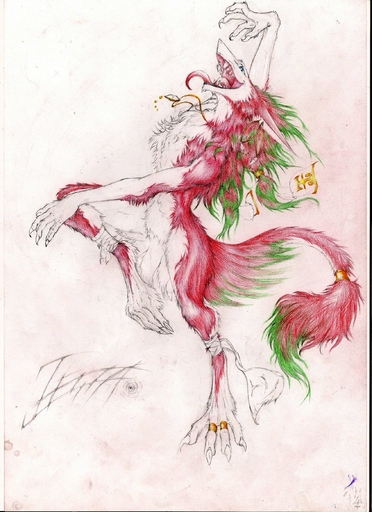 blue_eyes claws colored_pencil_(artwork) dancing ear_piercing female hair hi_res jessa jewelry kredri long_hair mammal necklace nude open_mouth piercing ring sergal solo tongue tongue_out traditional_media_(artwork) // 1696x2336 // 949.8KB