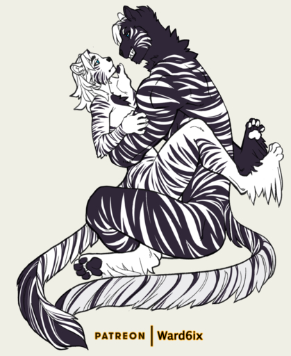 4_toes 5_fingers anthro black_stripes duo eyebrows eyelashes faint feet felid female fingers fur male malefemale mammal nude pantherine striped_body striped_fur stripes tiger toes white_body white_fur // 818x1000 // 542KB