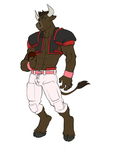 2015 5_fingers abs absurd_res american_football anthro belt biped bottomwear bovid bovine brown_body brown_fur brown_hair bulge cattle clothed clothing cloven_hooves digital_media_(artwork) faint fingers front_view fur green_eyes hair hi_res hooves horn looking_at_viewer male mammal muscular muscular_anthro muscular_male navel pants short_hair simple_background solo sport sports_pads standing tail_tuft tuft white_background // 2500x3300 // 1.0MB
