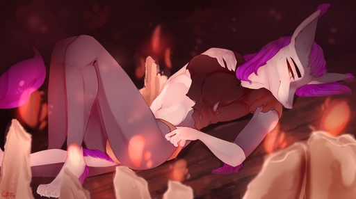 2017 5_fingers anthro barefoot breasts brown_eyes digital_media_(artwork) feet female fingers hair kristiana_puff midriff navel purple_hair sergal smile // 1280x714 // 111KB