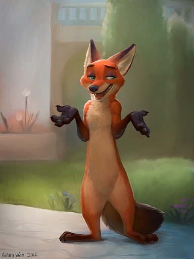 2016 absurd_res anthro canid canine digital_media_(artwork) digitigrade disney featureless_crotch flower fox fur grass green_eyes grey_nose hi_res male mammal nick_wilde nude open_mouth orange_body orange_fur plant red_fox solo teeth vulpes white_body white_fur zaush zootopia // 2048x2732 // 665KB