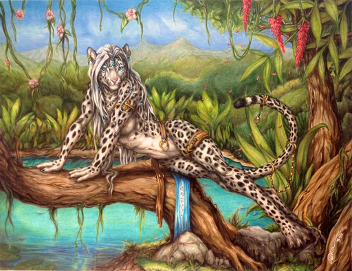 2016 anthro aurancreations barefoot biped blue_eyes breasts detailed_background duo feet felid female flower fur hair jewelry jungle leopard long_hair looking_at_viewer mammal mostly_nude nipples outside pantherine pink_nose plant smile snow_leopard solo spots spotted_body spotted_fur teiirka traditional_media_(artwork) tree water white_hair // 1238x952 // 680.2KB