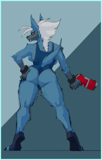 anthro back_boob big_breasts big_butt blue_body blue_border blue_clothing border breasts butt canid canine canis claws clothed clothing curvy_figure female gun hair hand_on_butt hi_res holding_object holding_weapon looking_at_viewer looking_back mammal multicolored_body one-piece_swimsuit raised_tail ranged_weapon rear_view simple_background solo soulharvest standing swimwear voluptuous weapon white_hair wolf wristband // 770x1200 // 310.2KB