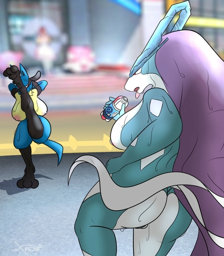 anthro barely_visible_genitalia barely_visible_pussy big_breasts breasts duo female genitals hair hi_res legendary_pokemon lucario nipples nude outside pokemon_(species) pussy reptilligator suicune video_games // 1120x1280 // 210.3KB