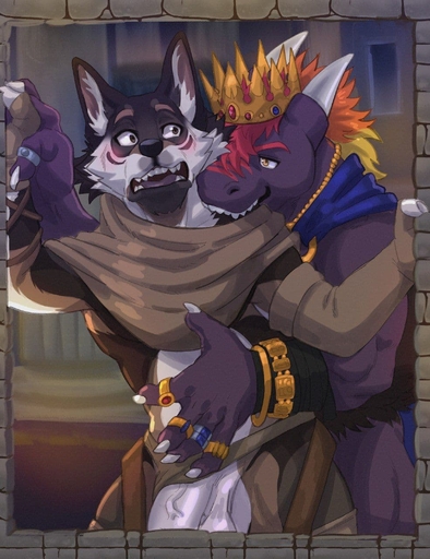 anthro balls biceps bite blush canid canine canis castle cloak clothing crown demon digital_media_(artwork) dragon duo genitals grabbing_from_behind hair hi_res jewelry loki_rel_zephyr male malemale mammal muscular muscular_anthro muscular_male noah open_mouth penis ring surprised_expression window wolf xenonnero // 985x1280 // 126.5KB
