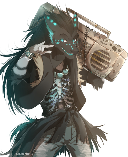 anthro biped boombox clothed clothing hi_res hihikori jewelry looking_at_viewer male necklace open_mouth sergal simple_background smile solo standing teeth tongue white_background // 1117x1376 // 1.1MB