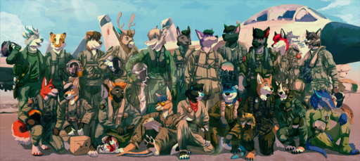 aircraft anthro antlers armor canid canine canis capreoline cervid clothed clothing collar domestic_dog eyewear fish fox fur group hair headgear helmet horn jeanwoof jumpsuit kangaroo macropod male mammal marine marsupial moose open_mouth sergal shark sitting smile standing sunglasses // 1366x611 // 1.3MB