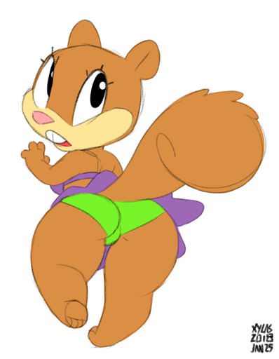 anthro biped breasts brown_body brown_fur buckteeth butt clothed clothing female fur looking_back mammal nickelodeon open_mouth rodent sandy_cheeks sciurid simple_background solo spongebob_squarepants teeth tree_squirrel white_background xylas // 700x900 // 155.0KB